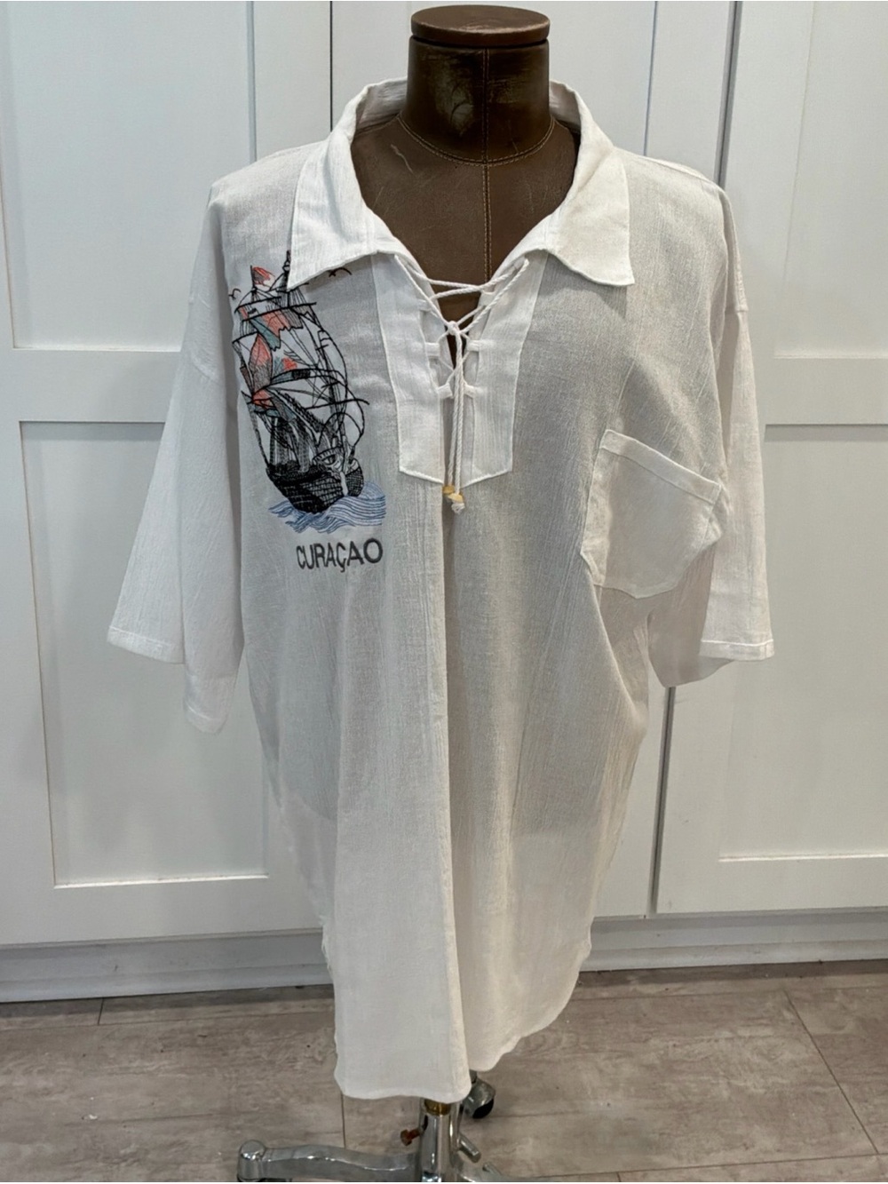 Curaçao Mens Lace Up Long Sleeve White Embroidery Ship Shirt XXL Cruise